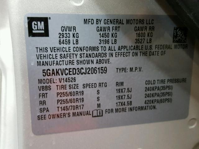 5GAKVCED3CJ206159 - 2012 BUICK ENCLAVE CREAM photo 10