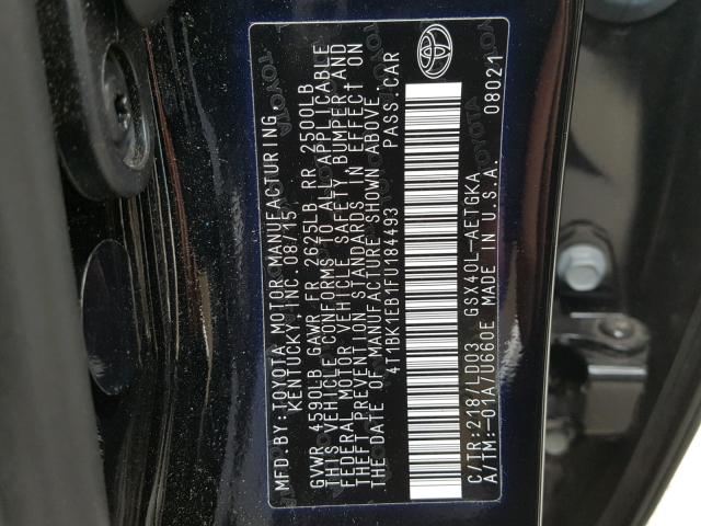 4T1BK1EB1FU184493 - 2015 TOYOTA AVALON XLE BLACK photo 10