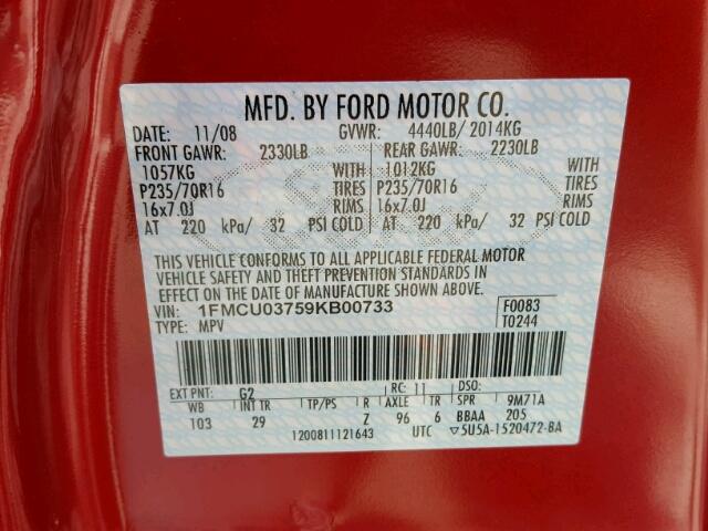 1FMCU03759KB00733 - 2009 FORD ESCAPE RED photo 10