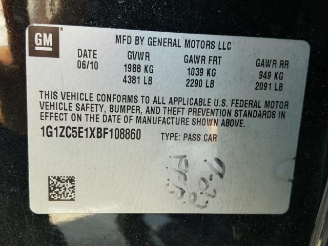 1G1ZC5E1XBF108860 - 2011 CHEVROLET MALIBU 1LT 灰色 照片 10