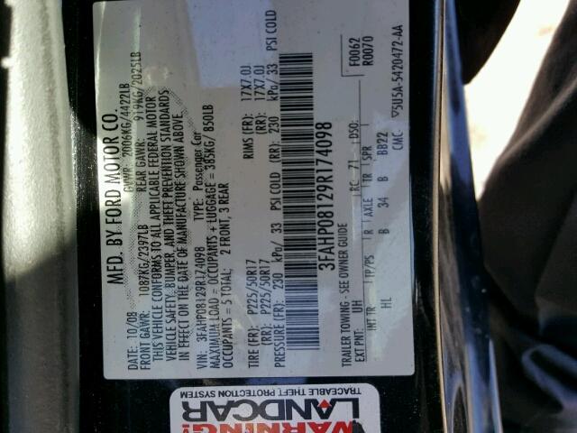 3FAHP08129R174098 - 2009 FORD FUSION BLACK photo 10