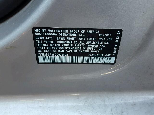 1VWAP7A38DC022802 - 2013 VOLKSWAGEN PASSAT S SILVER photo 10