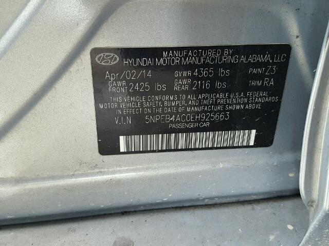 5NPEB4AC0EH925663 - 2014 HYUNDAI SONATA GLS BLUE photo 10