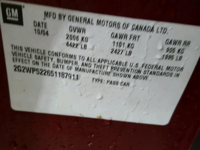 2G2WP522651187911 - 2005 PONTIAC GRAND PRIX BURGUNDY photo 10