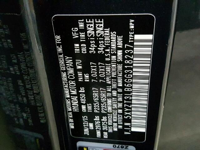 5XYZT3LB6GG318237 - 2016 HYUNDAI SANTA FE S 蓝色 照片 10