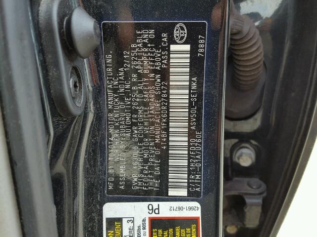 4T4BF1FK6DR278472 - 2013 TOYOTA CAMRY L BLACK photo 10