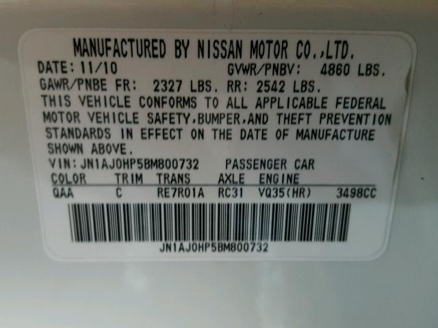 JN1AJ0HP5BM800732 - 2011 INFINITI EX35 BASE WHITE photo 10