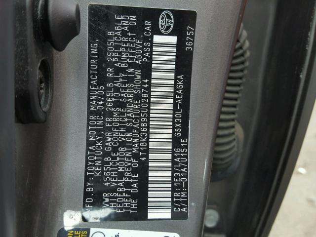 4T1BK36B95U028744 - 2005 TOYOTA AVALON GRAY photo 10