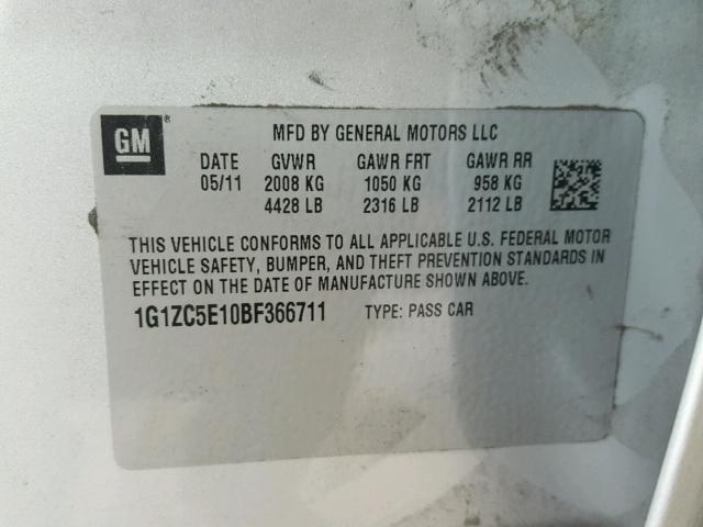 1G1ZC5E10BF366711 - 2011 CHEVROLET MALIBU 1LT ნაცრისფერი ფოტო 10