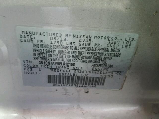 3N1CN7AP9EL812168 - 2014 NISSAN VERSA S SILVER photo 10