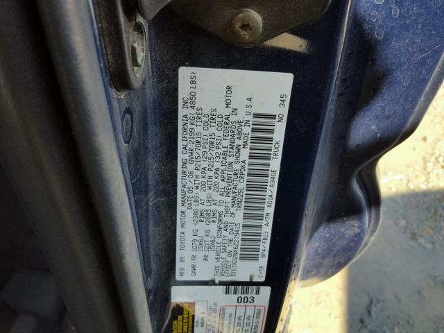 5TETX22NX6Z279415 - 2006 TOYOTA TACOMA BLUE photo 10