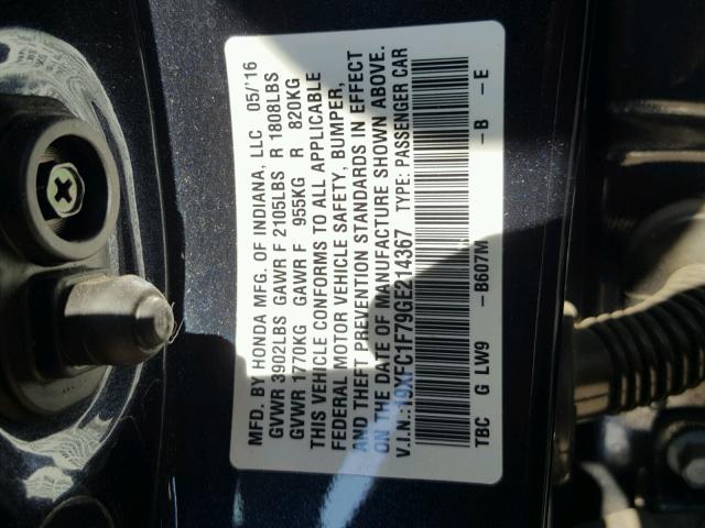 19XFC1F79GE214367 - 2016 HONDA CIVIC EXL 蓝色 照片 10