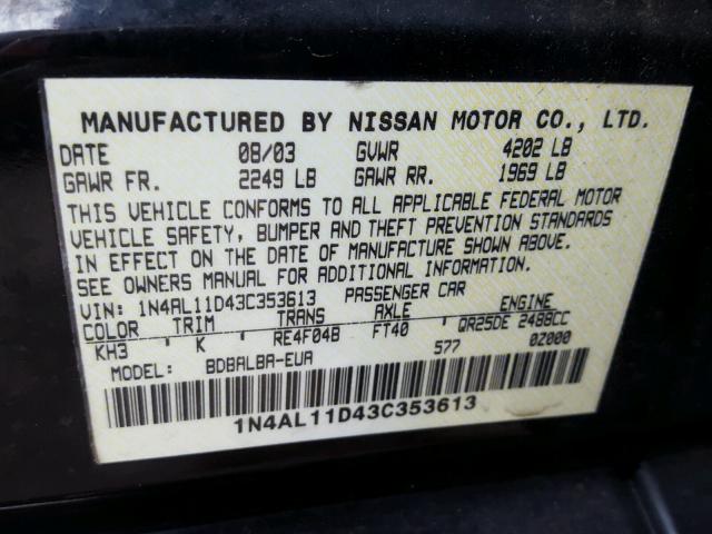 1N4AL11D43C353613 - 2003 NISSAN ALTIMA BLACK photo 10