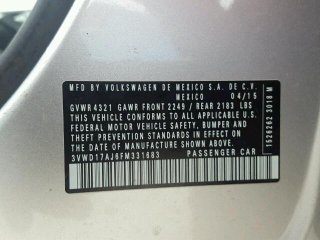 3VWD17AJ6FM331683 - 2015 VOLKSWAGEN JETTA SE 银色 照片 10