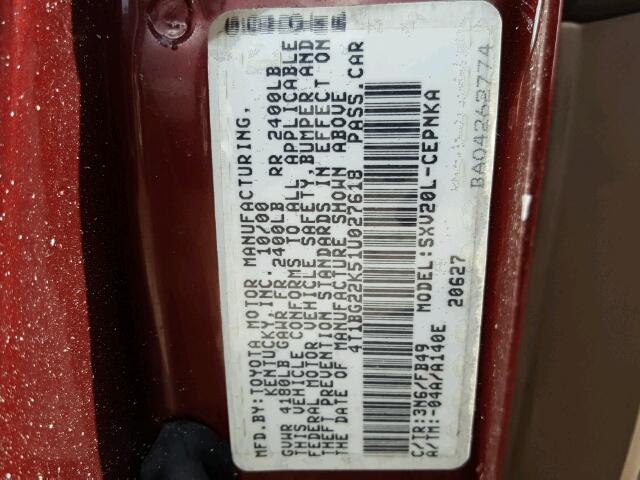 4T1BG22K51U027618 - 2001 TOYOTA CAMRY CE BURGUNDY photo 10