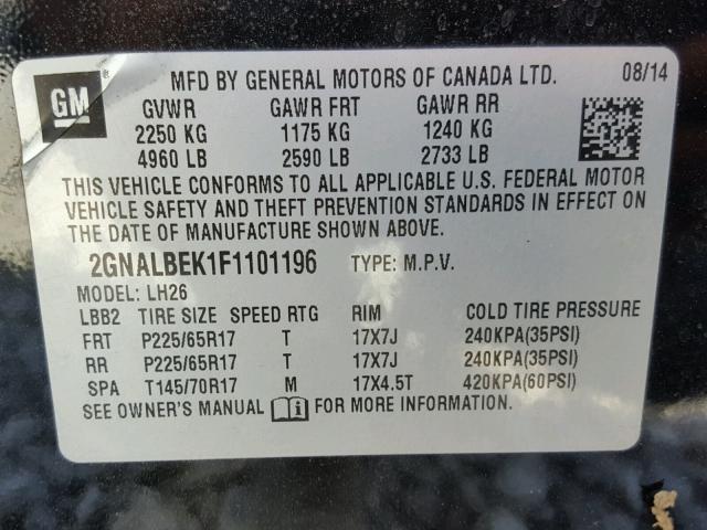 2GNALBEK1F1101196 - 2015 CHEVROLET EQUINOX LT BLACK photo 10