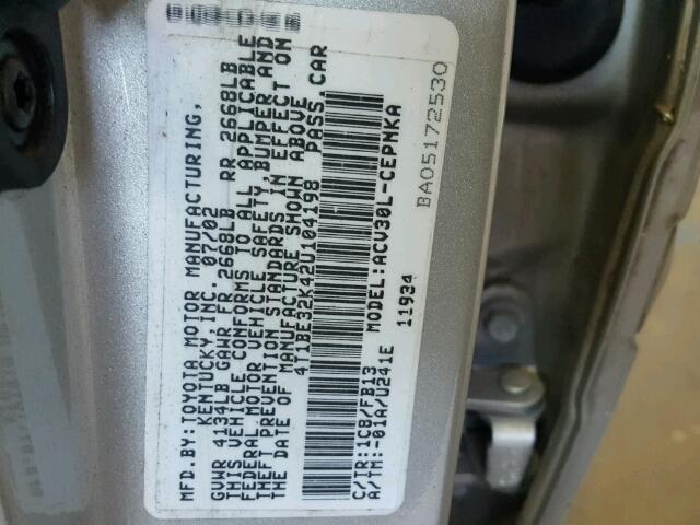 4T1BE32K42U104198 - 2002 TOYOTA CAMRY SILVER photo 10