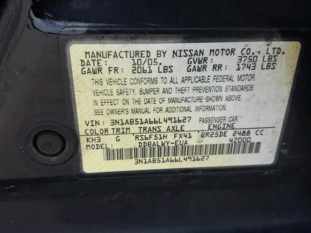 3N1AB51A66L491627 - 2006 NISSAN SENTRA SE- BLACK photo 10