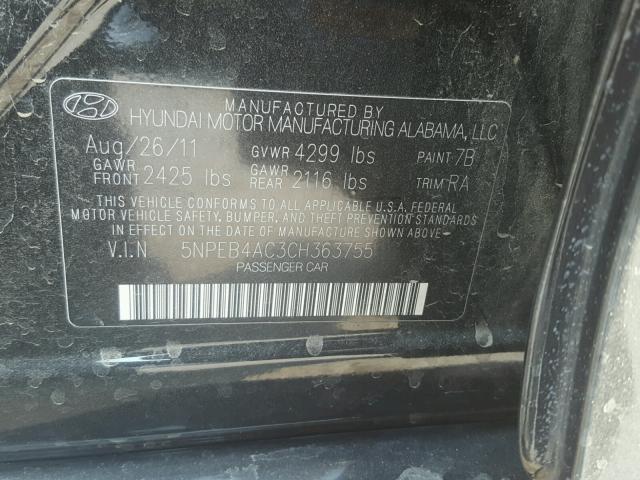 5NPEB4AC3CH363755 - 2012 HYUNDAI SONATA GLS BLACK photo 10