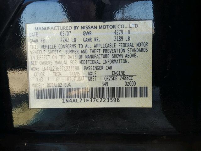 1N4AL21E37C223598 - 2007 NISSAN ALTIMA 2.5 BLACK photo 10