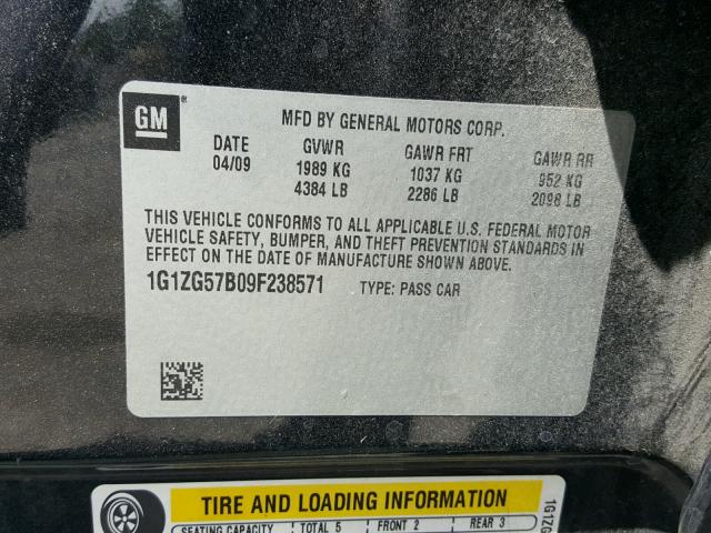 1G1ZG57B09F238571 - 2009 CHEVROLET MALIBU LS გრაფიტი ფოტო 10