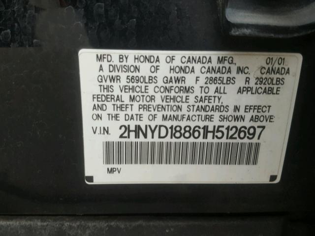 2HNYD18861H512697 - 2001 ACURA MDX TOURIN BLACK photo 10