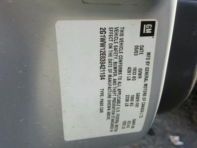 2G1WW12E839421104 - 2003 CHEVROLET MONTE CARL 银色 照片 10