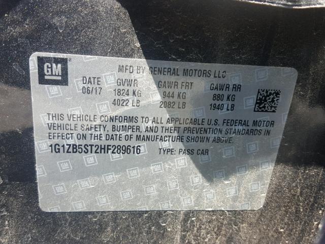 1G1ZB5ST2HF289616 - 2017 CHEVROLET MALIBU LS ნაცრისფერი ფოტო 10