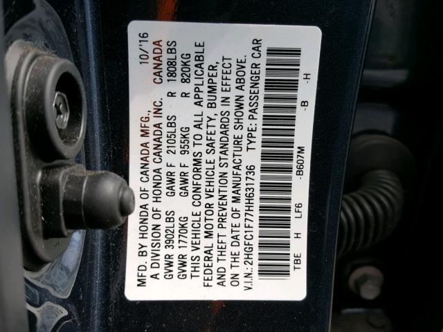 2HGFC1F77HH631736 - 2017 HONDA CIVIC EXL 蓝色 照片 10