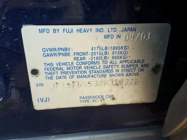 JF1SF65532H714326 - 2002 SUBARU FORESTER S BLUE photo 10