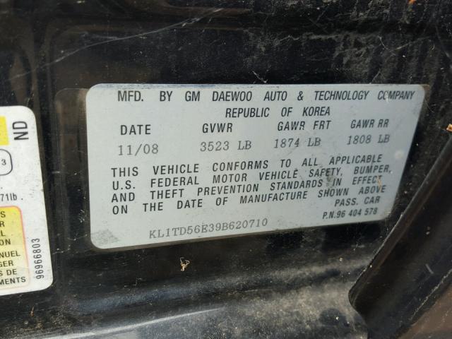 KL1TD56E39B620710 - 2009 CHEVROLET AVEO LS BLACK photo 10
