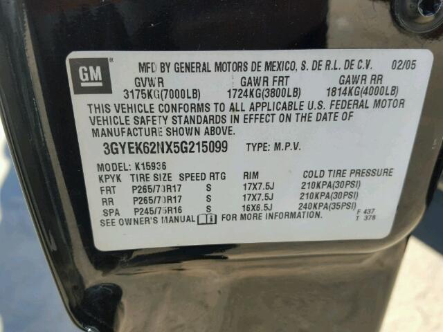 3GYEK62NX5G215099 - 2005 CADILLAC ESCALADE BLACK photo 10