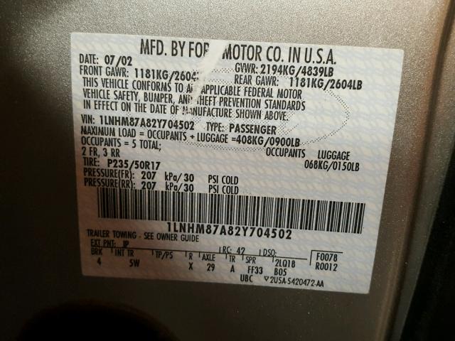 1LNHM87A82Y704502 - 2002 LINCOLN LS 银色 照片 10