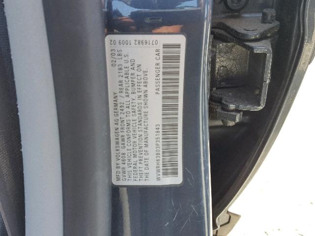 WVWRH63B03P351843 - 2003 VOLKSWAGEN PASSAT GLX SILVER photo 10