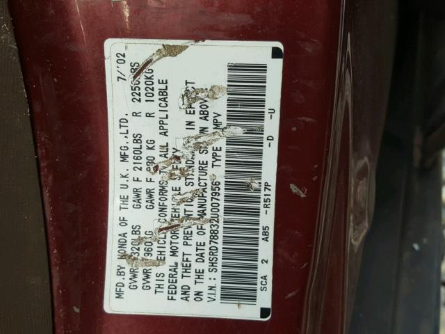 SHSRD78832U007956 - 2002 HONDA CR-V EX მუქწითელი ფოტო 10