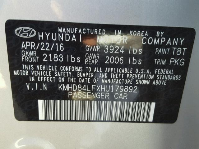 KMHD84LFXHU179892 - 2017 HYUNDAI ELANTRA SE SILVER photo 10