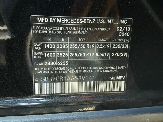 4JGBB7CB1AA589141 - 2010 MERCEDES-BENZ ML 550 4MA BLACK photo 10