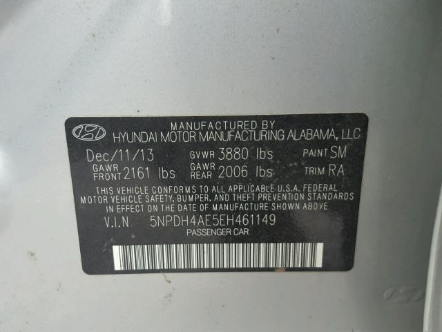 5NPDH4AE5EH461149 - 2014 HYUNDAI ELANTRA SE SILVER photo 10