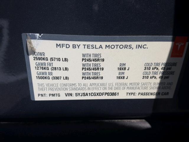 5YJSA1CGXDFP03861 - 2013 TESLA MODEL S CHARCOAL photo 10