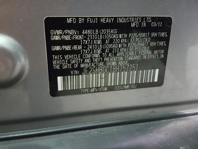 JF2SHBGC1BH757251 - 2011 SUBARU FORESTER T SILVER photo 10