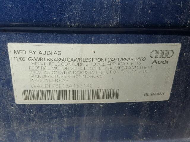 WAUDF78E16A157142 - 2006 AUDI A4 2.0T QU BLUE photo 10