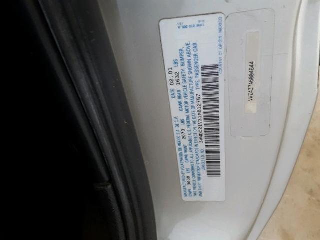 3VWDC21V31M812757 - 2001 VOLKSWAGEN CABRIO GLX 银色 照片 10