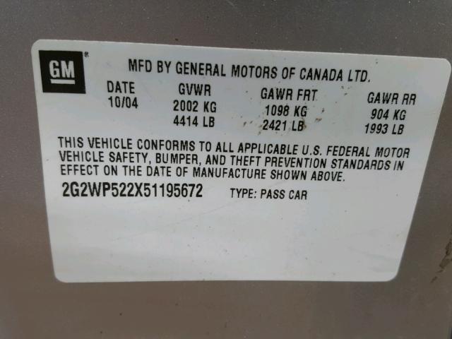 2G2WP522X51195672 - 2005 PONTIAC GRAND PRIX SILVER photo 10