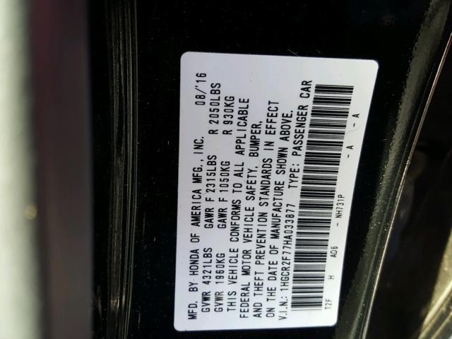 1HGCR2F77HA033877 - 2017 HONDA ACCORD EX BLACK photo 10