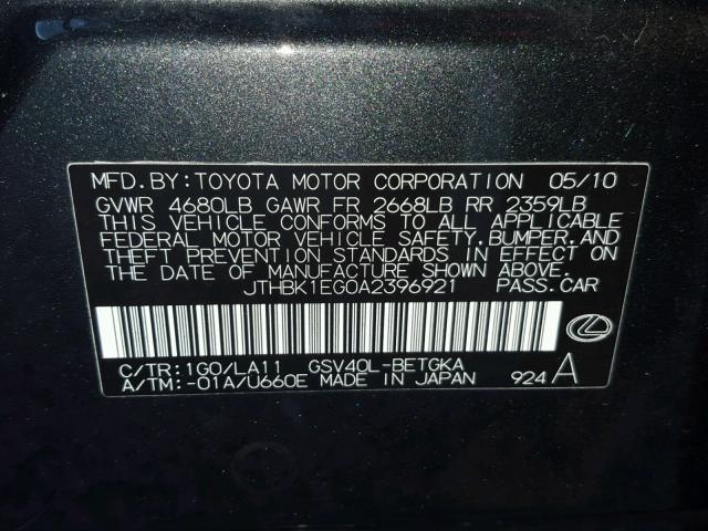 JTHBK1EG0A2396921 - 2010 LEXUS ES 350 CHARCOAL photo 10