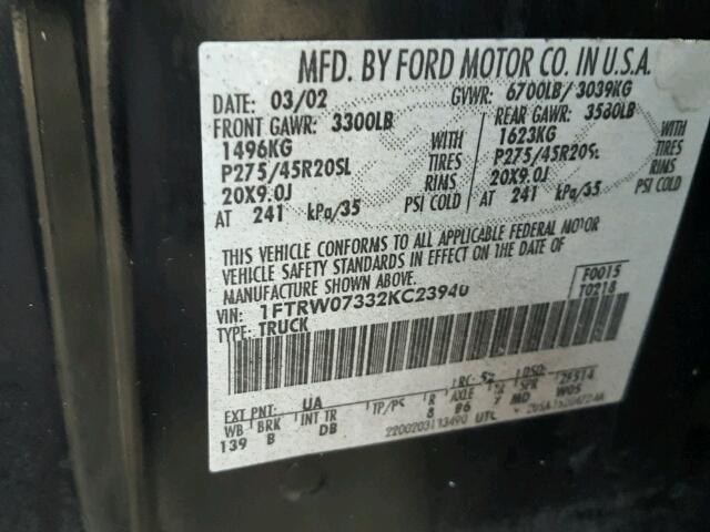 1FTRW07332KC23940 - 2002 FORD F150 BLACK photo 10