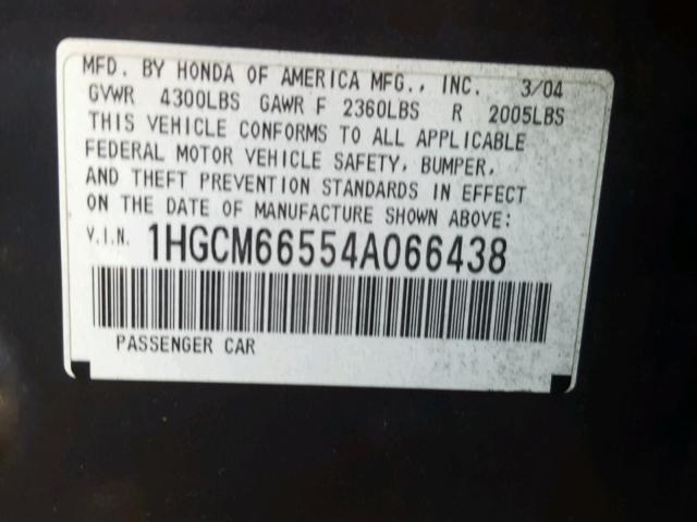 1HGCM66554A066438 - 2004 HONDA ACCORD EX BLACK photo 10