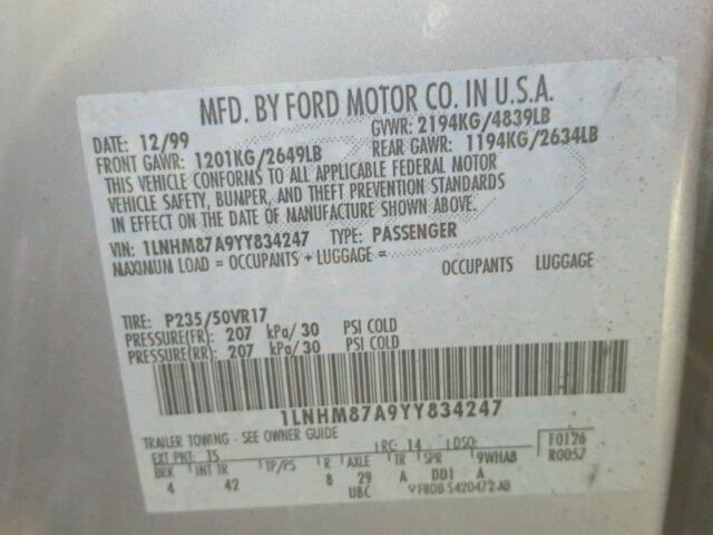 1LNHM87A9YY834247 - 2000 LINCOLN LS 银色 照片 10