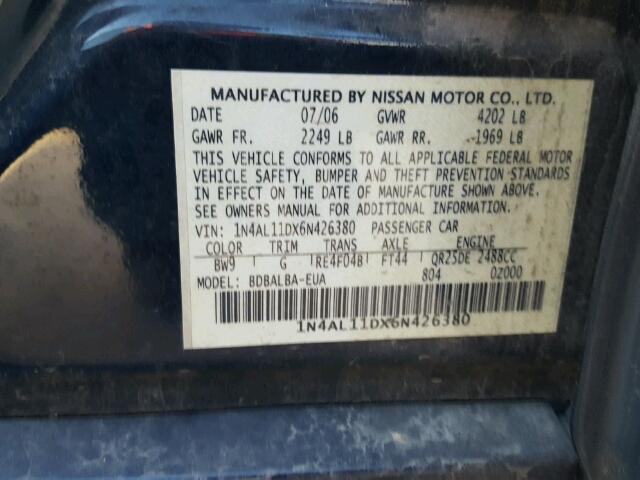 1N4AL11DX6N426380 - 2006 NISSAN ALTIMA S BLUE photo 10