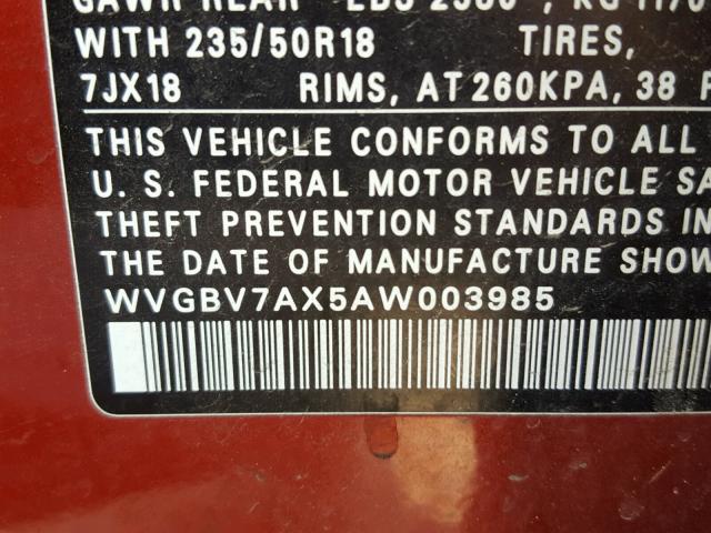 WVGBV7AX5AW003985 - 2010 VOLKSWAGEN TIGUAN SE 红色 照片 10